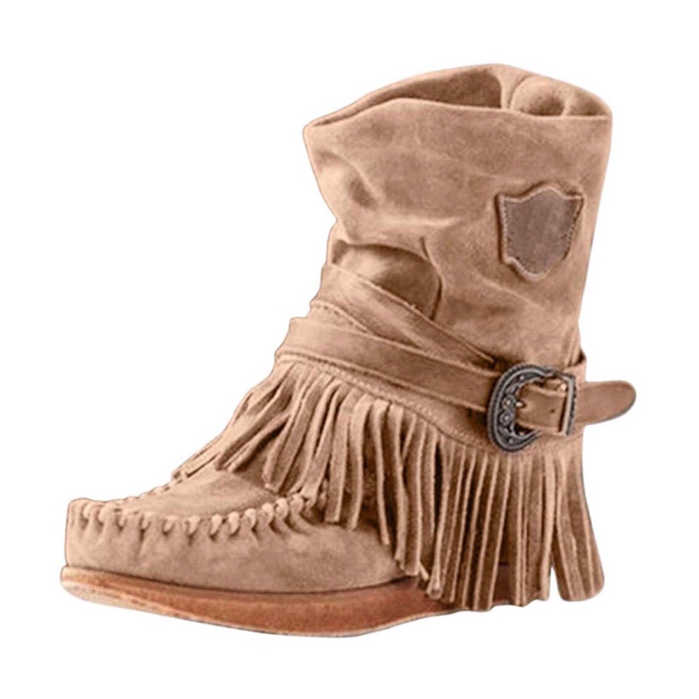 Tan Fringe/Tassel Faux Suede Western Booties